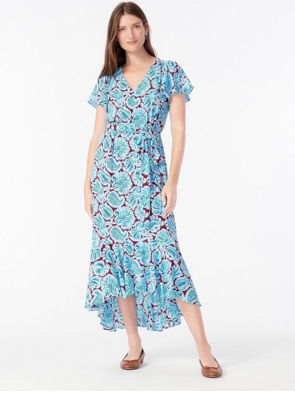 V-neck midi flutter-hem dress in aqua paisley J Crew size 12